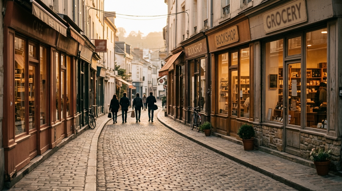 A small business district in warm afternoon light — the environment being understood