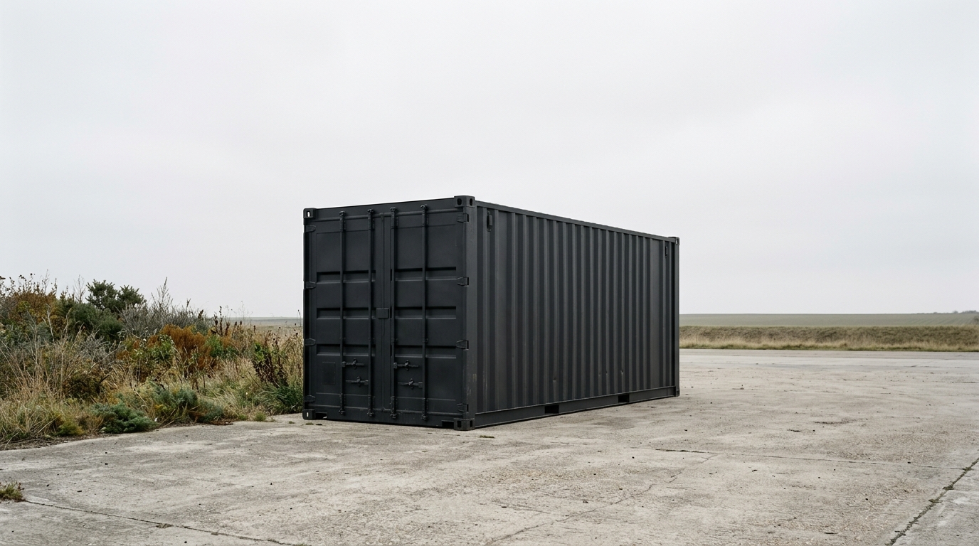 A dark charcoal shipping container in a clean outdoor setting
